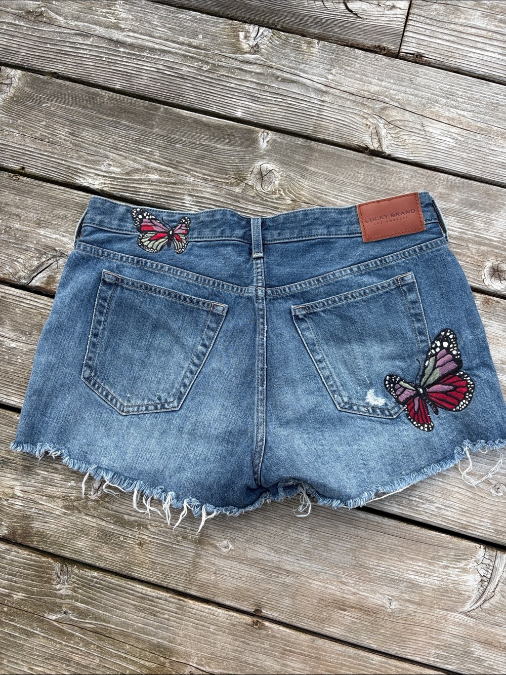 Lucky Brand Blue Denim Shorts with Pink & Red Butterfly Patches